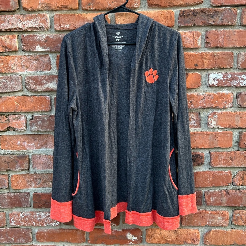 Colosseum Gray Hooded Open Front Light Knit Layering Top Clemson XL